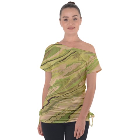 Green Pattern Texture Marble Off Shoulder Tie-up Tee by Wegoenart