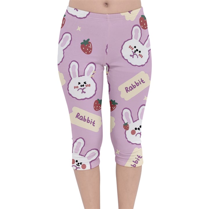 Illustration Rabbit Cartoon Background Pattern Velvet Capri Leggings 