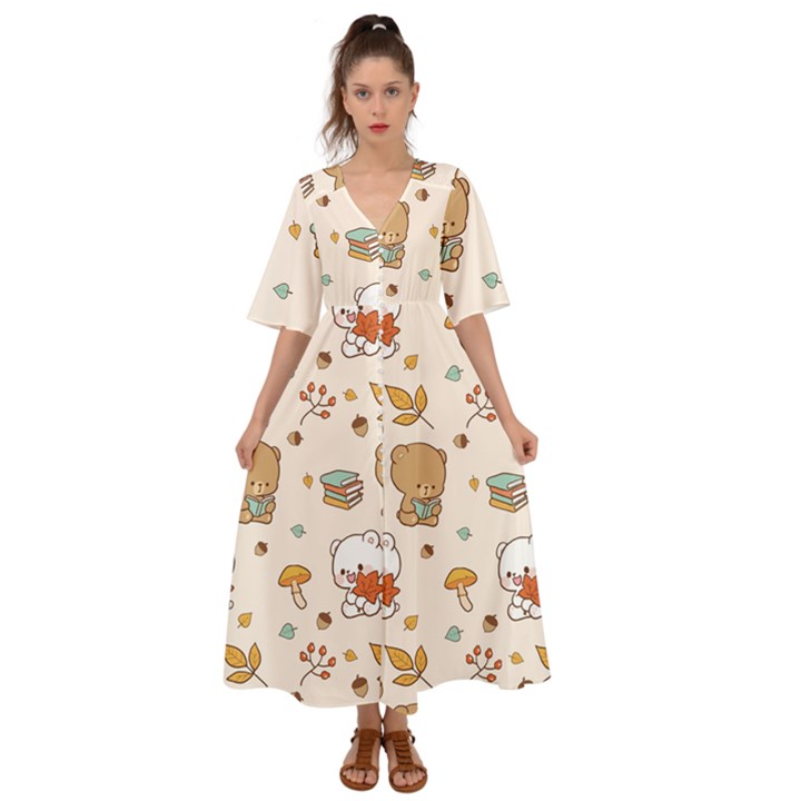 Illustration Bear Cartoon Background Pattern Kimono Sleeve Boho Dress