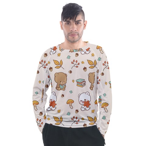 Illustration Bear Cartoon Background Pattern Men s Long Sleeve Raglan Tee by Sudhe