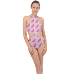 Pink Melon Wayermelon Pattern Food Fruit Melon Halter Side Cut Swimsuit by Ravend