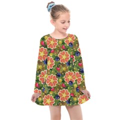 Fruits Star Blueberry Cherry Leaf Kids  Long Sleeve Dress by Ravend