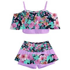 Flower Black Pink Kids  Off Shoulder Skirt Bikini by flowerland