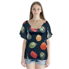 Vintage Vegetables  V-neck Flutter Sleeve Top by ConteMonfreyShop