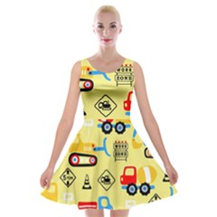 Seamless Pattern Vector Industrial Vehicle Cartoon Velvet Skater Dress by Jancukart