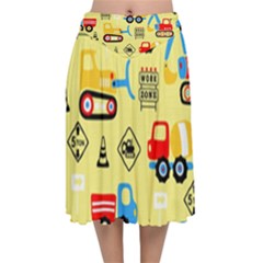 Seamless Pattern Vector Industrial Vehicle Cartoon Velvet Flared Midi Skirt by Jancukart