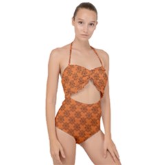 Halloween Black Orange Spider Web   Scallop Top Cut Out Swimsuit by ConteMonfrey