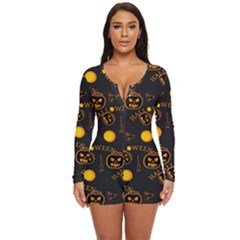 Halloween Background Pattern Long Sleeve Boyleg Swimsuit by Ravend