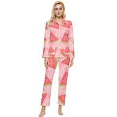 Background Watermelon Pattern Fruit Womens  Long Sleeve Velvet Pocket Pajamas Set by Wegoenart