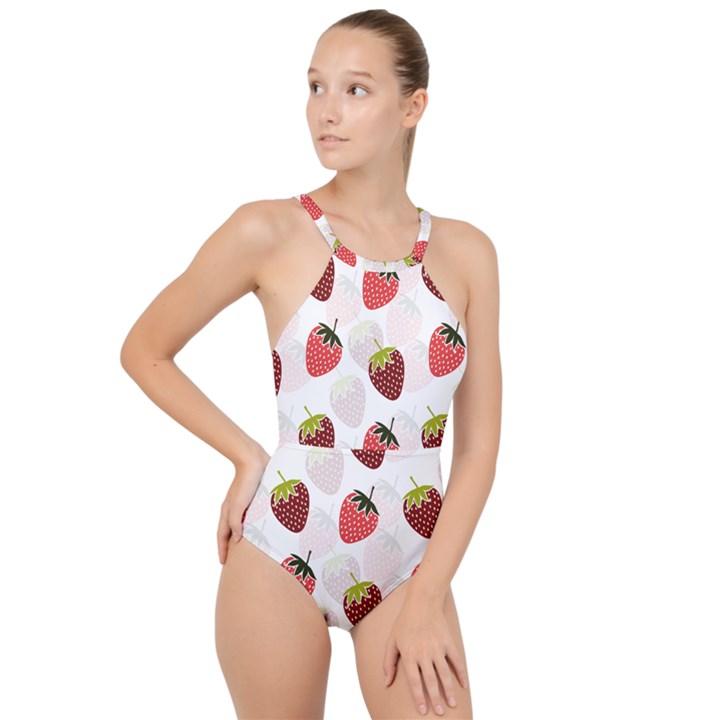 Strawberry Pattern Background High Neck One Piece Swimsuit