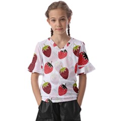 Strawberry Pattern Background Kids  V-neck Horn Sleeve Blouse by Wegoenart