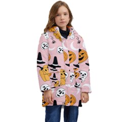 Pumpkin Cat Pattern Skull Kid s Hooded Longline Puffer Jacket by Wegoenart