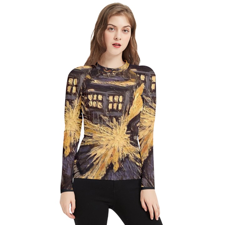 Brown And Black Abstract Painting Doctor Who Tardis Vincent Van Gogh Women s Long Sleeve Rash Guard