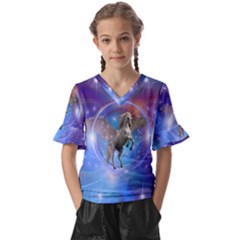 Unicorn Abstract Wave Line Kids  V-neck Horn Sleeve Blouse by Wegoenart