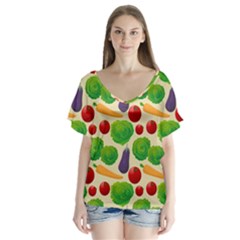 Food Illustration Pattern Texture V-neck Flutter Sleeve Top by Ravend