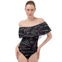 Black Background Text Overlay  Mathematics Formula Off Shoulder Velour Bodysuit  by danenraven