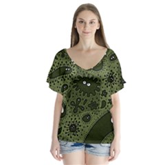 Green Bacteria Digital Wallpaper Eyes Look Biology Pattern V-neck Flutter Sleeve Top by danenraven