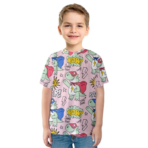 Seamless Pattern With Many Funny Cute Superhero Dinosaurs T-rex Mask Cloak With Comics Style Kids  Sport Mesh Tee by Ravend