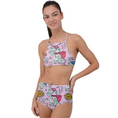 Seamless Pattern With Many Funny Cute Superhero Dinosaurs T-rex Mask Cloak With Comics Style High Waist Tankini Set by Ravend