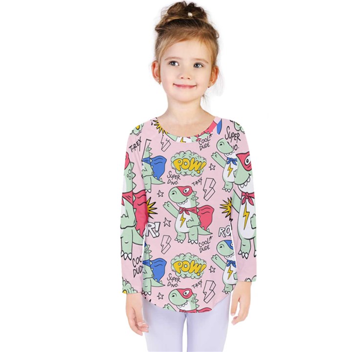 Seamless Pattern With Many Funny Cute Superhero Dinosaurs T-rex Mask Cloak With Comics Style Kids  Long Sleeve Tee