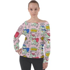 Seamless Pattern With Many Funny Cute Superhero Dinosaurs T-rex Mask Cloak With Comics Style Off Shoulder Long Sleeve Velour Top by Ravend