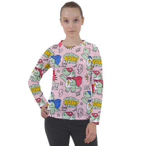 Seamless Pattern With Many Funny Cute Superhero Dinosaurs T-rex Mask Cloak With Comics Style Women s Long Sleeve Raglan Tee by Ravend