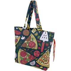 Vector Seamless Pizza Slice Pattern Hand Drawn Pizza Illustration Great Pizzeria Menu Background Drawstring Tote Bag by Ravend