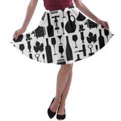 Wine Pattern Black White A-line Skater Skirt by Jancukart