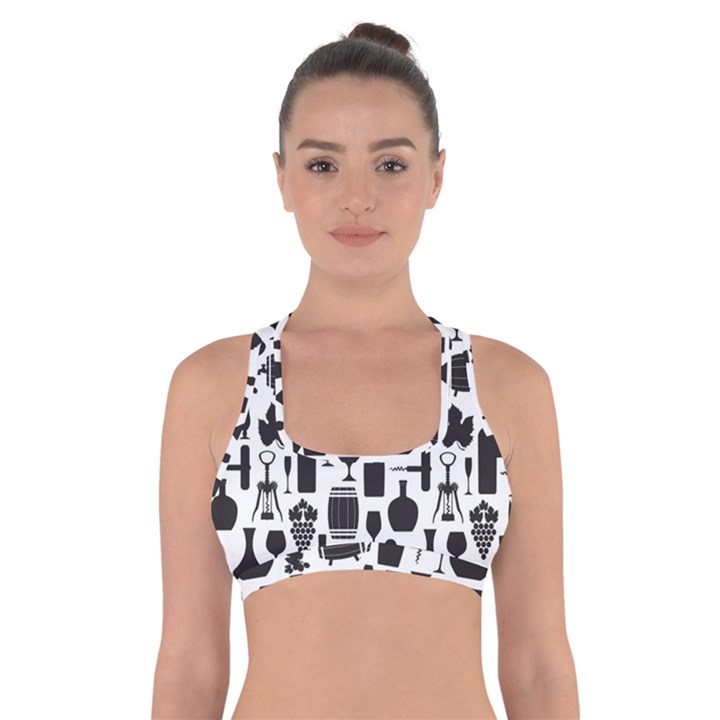 Wine Pattern Black White Cross Back Sports Bra