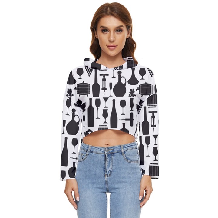 Wine Pattern Black White Women s Lightweight Cropped Hoodie