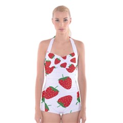 Seamless-pattern-fresh-strawberry Boyleg Halter Swimsuit  by Jancukart