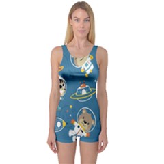 Seamless-pattern-funny-astronaut-outer-space-transportation One Piece Boyleg Swimsuit by Jancukart