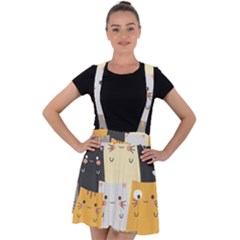 Seamless Pattern Cute Cat Cartoons Velvet Suspender Skater Skirt by Wegoenart