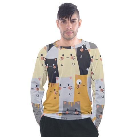 Seamless Pattern Cute Cat Cartoons Men s Long Sleeve Raglan Tee by Wegoenart