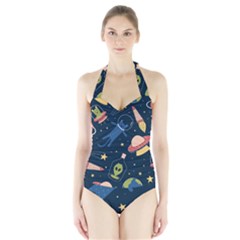 Seamless Pattern With Funny Alien Cat Galaxy Halter Swimsuit by Wegoenart