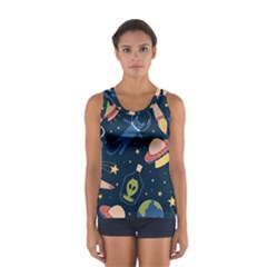 Seamless Pattern With Funny Alien Cat Galaxy Sport Tank Top  by Wegoenart