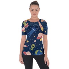 Seamless Pattern With Funny Alien Cat Galaxy Shoulder Cut Out Short Sleeve Top by Wegoenart