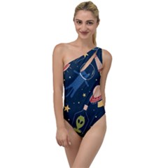 Seamless Pattern With Funny Alien Cat Galaxy To One Side Swimsuit by Wegoenart