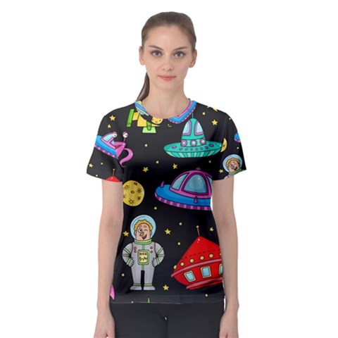 Seamless Pattern With Space Object Ufo Rocket Alien Hand Drawn Element Space Women s Sport Mesh Tee by Wegoenart