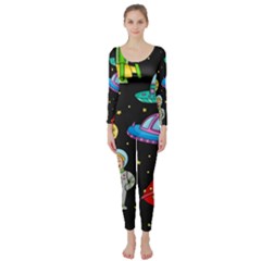 Seamless Pattern With Space Object Ufo Rocket Alien Hand Drawn Element Space Long Sleeve Catsuit by Wegoenart