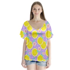 Purple Lemons  V-neck Flutter Sleeve Top by ConteMonfrey