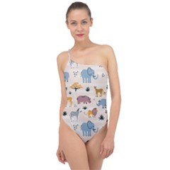 Wild-animals-seamless-pattern Classic One Shoulder Swimsuit by Wegoenart