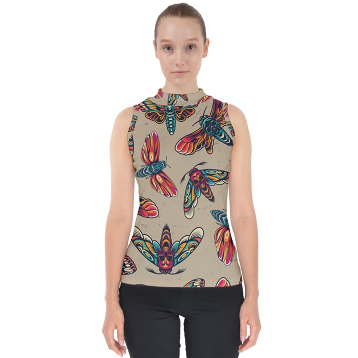 Tattoos Colorful Seamless Pattern Mock Neck Shell Top