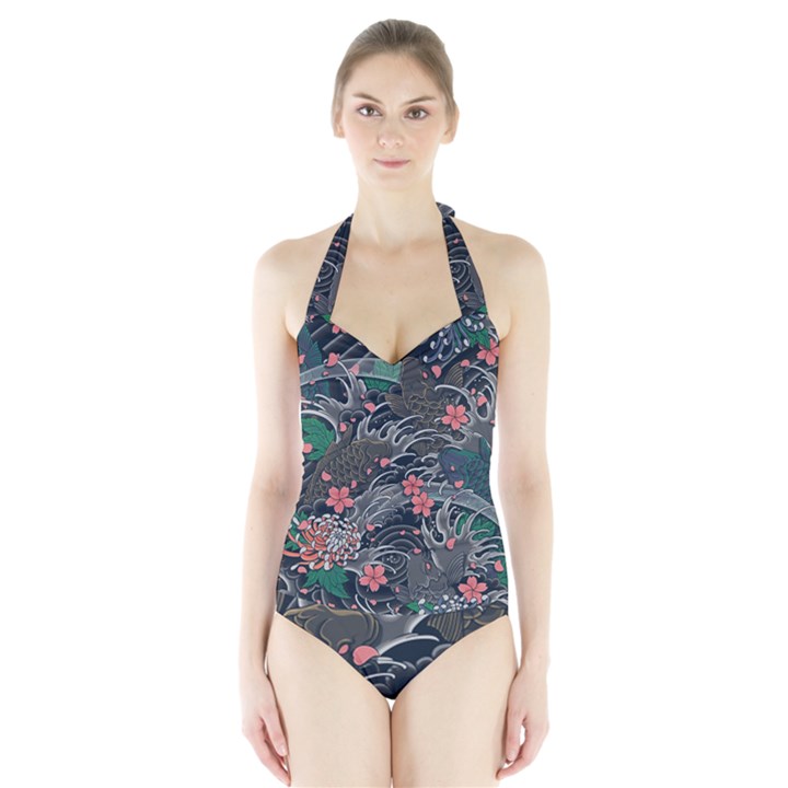 Japanese Wave Koi Illustration Seamless Pattern Halter Swimsuit