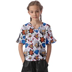 Full Color Flash Tattoo Patterns Kids  V-neck Horn Sleeve Blouse by Wegoenart