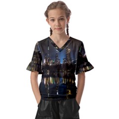 New York Night Central Park Skyscrapers Skyline Kids  V-neck Horn Sleeve Blouse by Wegoenart