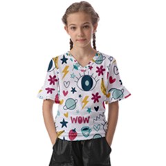 Wallpaper Background Cute Design Kids  V-neck Horn Sleeve Blouse by Wegoenart