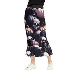 Halloween Party Skulls, Demonic Pumpkins Pattern Maxi Fishtail Chiffon Skirt by Casemiro