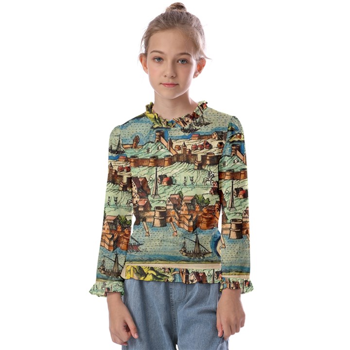 Medeival Ancient Map Fortress Island Seaport Town Kids  Frill Detail Tee