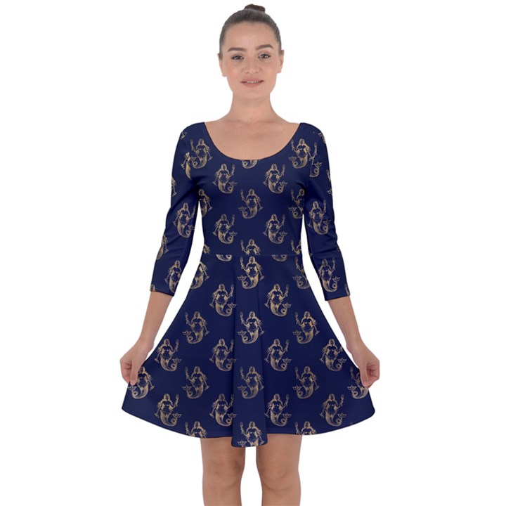 Gold Mermaids Silhouettes Quarter Sleeve Skater Dress